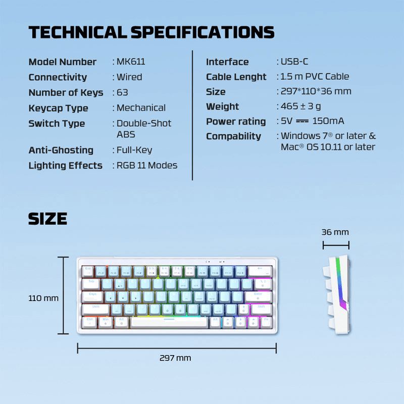 Tastatura mehanicka Gaming Fantech MK611 Atom x63 AME (taro switch) boja blue, white - Periferija