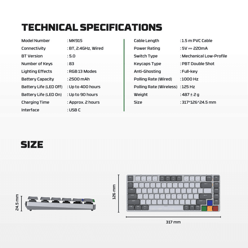 Keyboard mechanical Gaming Fantech MK915 RGB Maxfit AIR83 Wireless gray (red switch) - Periferija