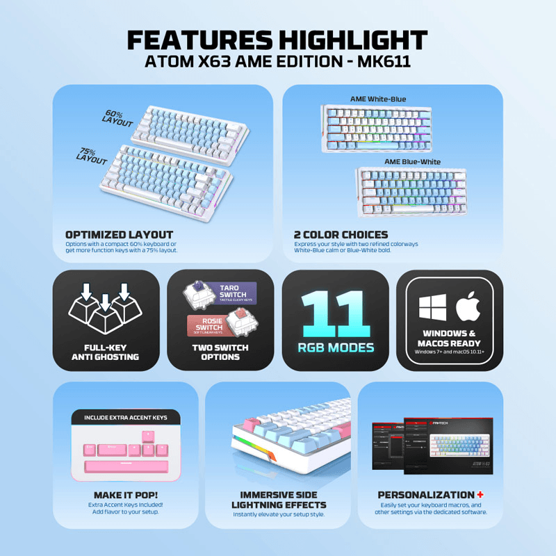 Tastatura mehanicka Gaming Fantech MK611 Atom x63 AME (taro switch) boja blue, white - Periferija
