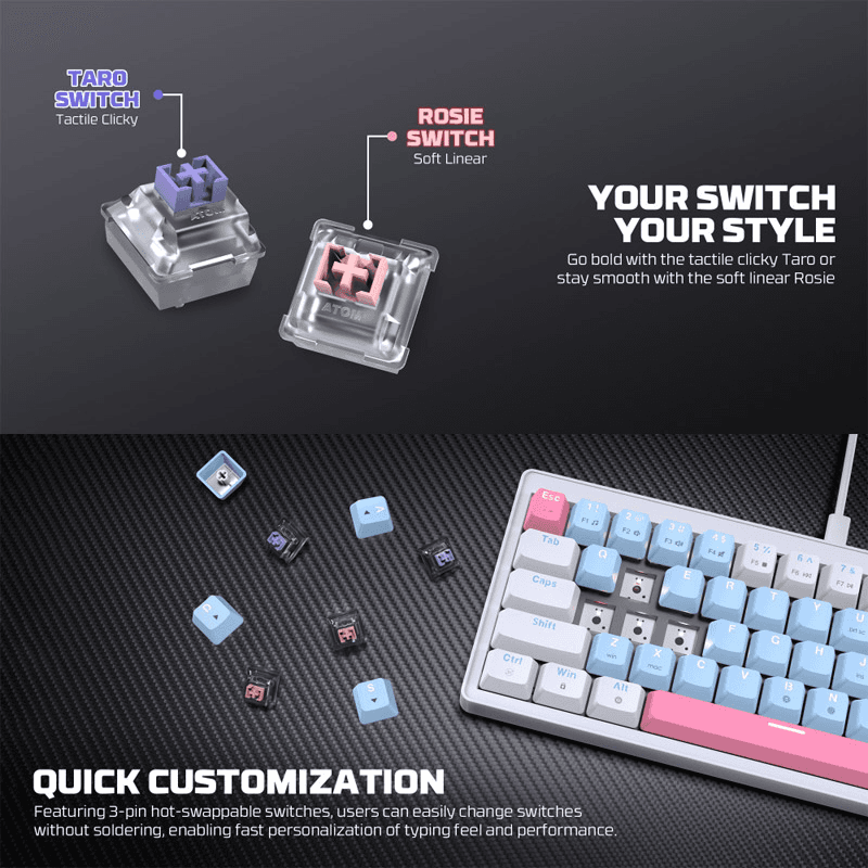 Tastatura mehanicka Gaming Fantech MK611 Atom x63 AME (taro switch) boja blue, white - Periferija