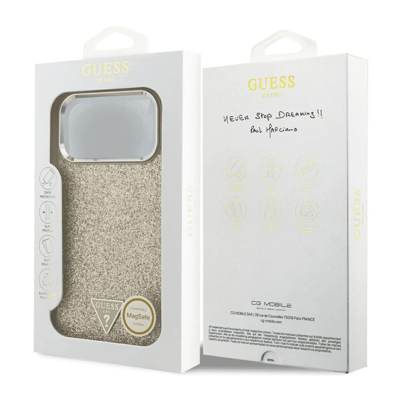Maska Guess Glitter Triangle Logo MagSafe za iPhone 17 Pro Max boja gold, pink - Maske za telefone