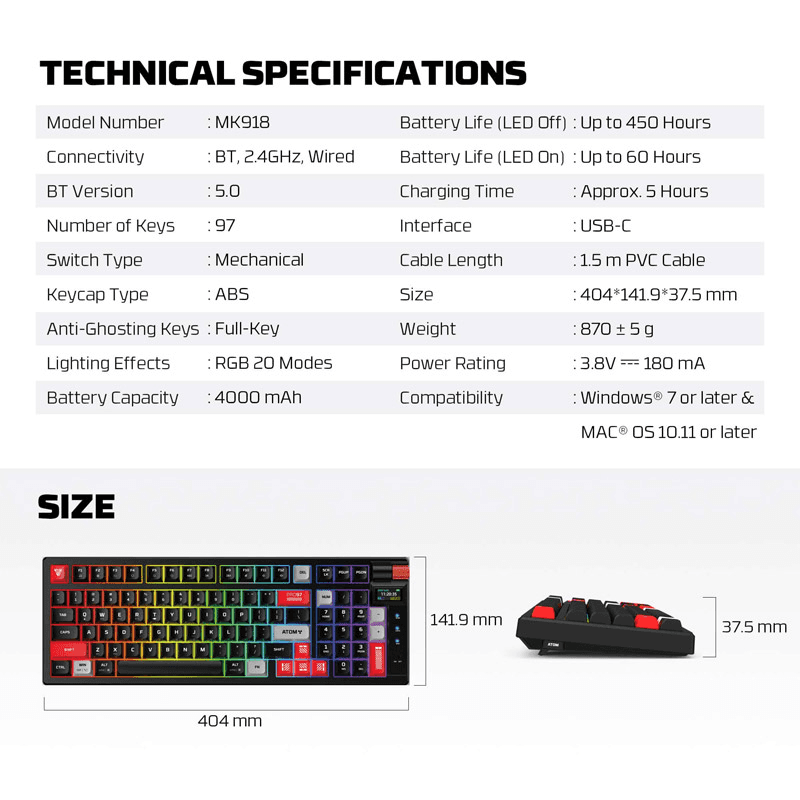 Клавиатура механическая Gaming Fantech MK918 RGB Atom PRO97 Wireless Mercury белый (Red switch) - Периферия