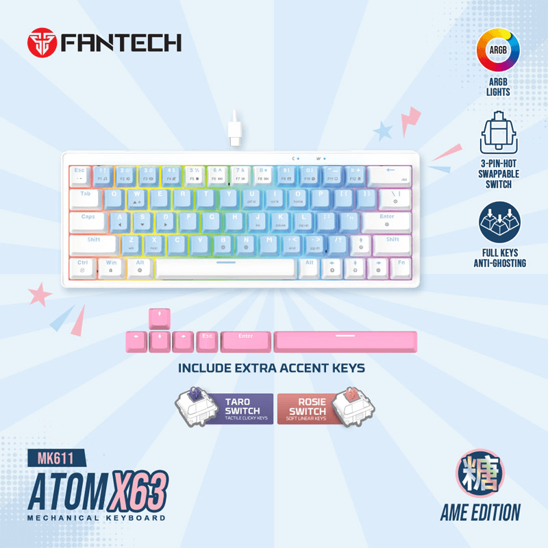 Tastatura mehanicka Gaming Fantech MK611 Atom x63 AME (taro switch) boja blue, white - Periferija