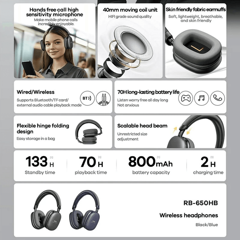 Bluetooth slusalice REMAX RB-650HB boja black, blue - Bežične slušalice