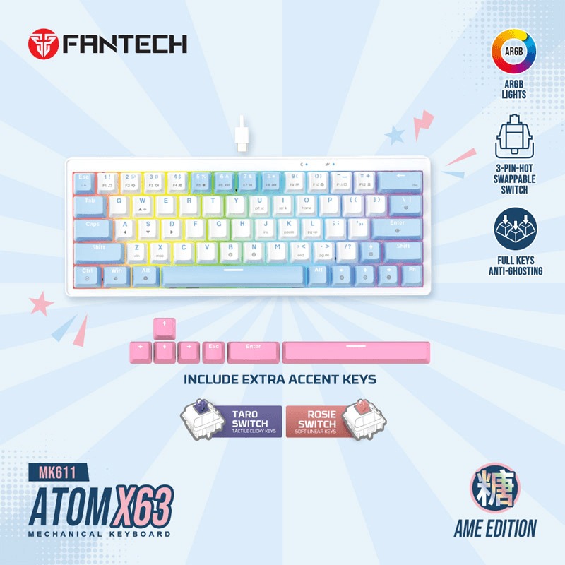 Tastatura mehanicka Gaming Fantech MK611 Atom x63 AME (taro switch) boja blue, white - Periferija