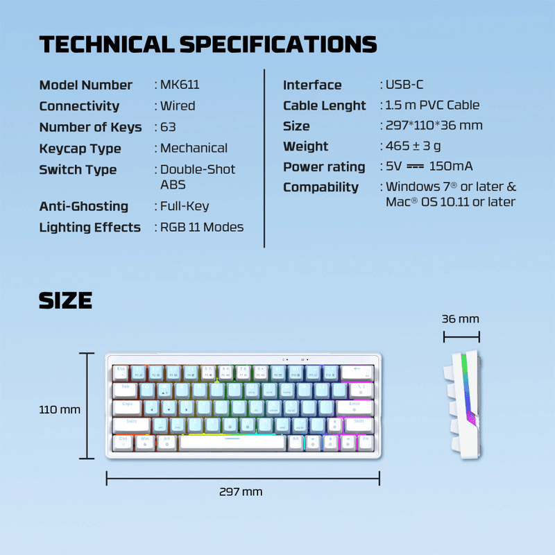Tastatura mehanicka Gaming Fantech MK611 Atom x63 AME (taro switch) boja blue, white - Periferija