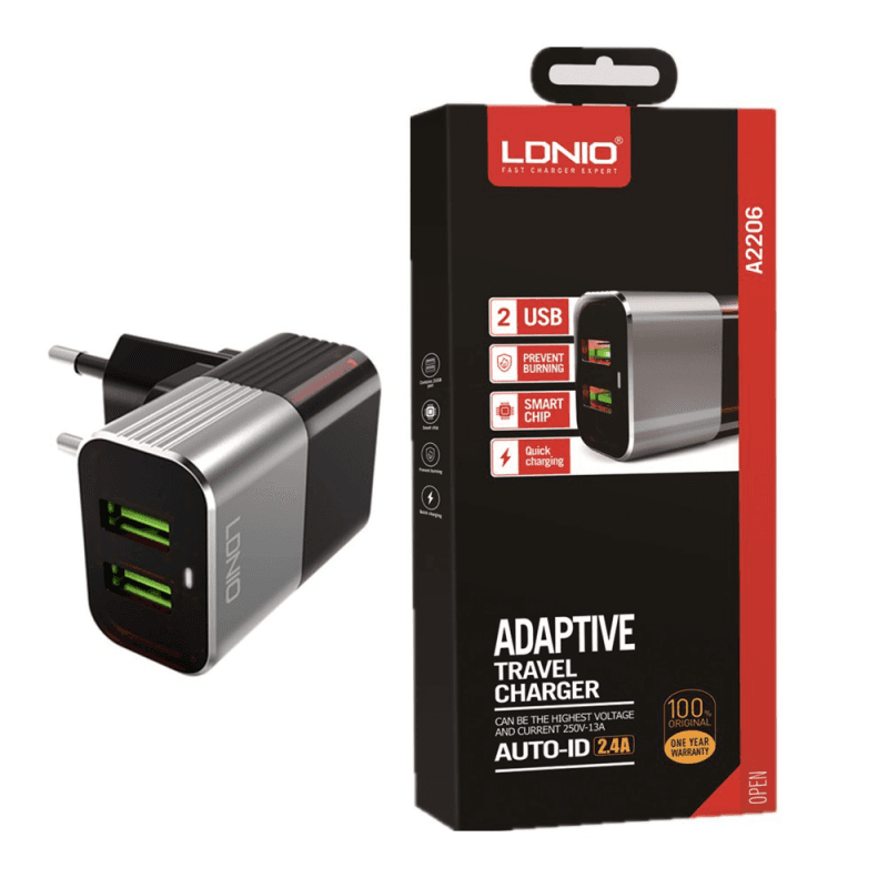 Wall charger LDNIO A2206 2XUSB 2.4A + iPhone Lightning cable black gray - Punjači i kablovi