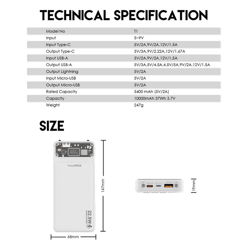 Повербанк Fantech T1 10000mAh QC,PD,22.5W белый - Power bank
